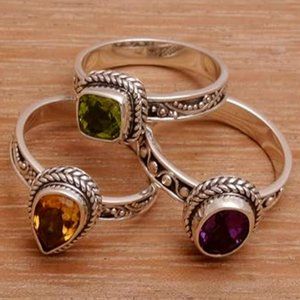 NOVICA Bali Artisan Sterling Silver set of 3 Rings Amethyst, Peridot Citrine